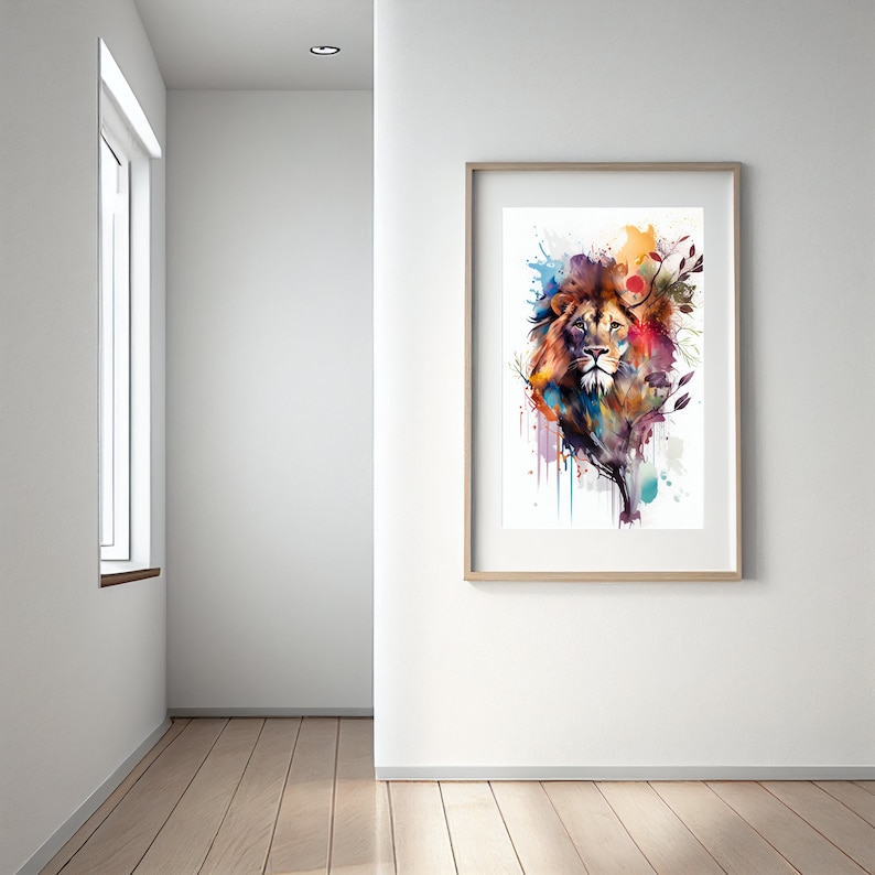May include: A watercolor painting of a lion's head with colorful splashes and abstract floral elements. The lion's mane is a mix of brown, orange, and yellow, and the background is a white canvas with blue, green, and red watercolor splatters.