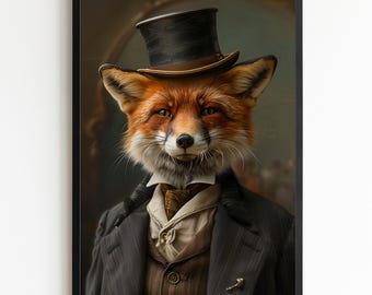Gentleman Fox Wall Art – Victorian Fox Portrait Print, Dapper Animal Artwork, Luxury Fox Decor, Dark Vintage Wall Art