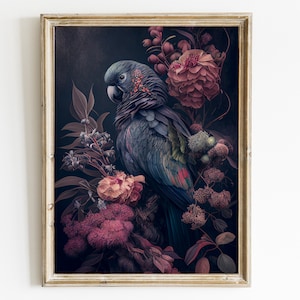 Arte de pared bohemio de loro, lienzo de pájaro vintage, impresión de loro, arte de pared imprimible de animal, arte de pájaro exótico, póster, pintura de loro vintage