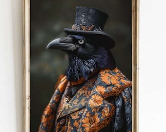 Raven Wearing Clothes Wall Art Print, Vintage Gothic Painting Portrait of a Raven Black Bird, Crow Wearing Suit, Bird Lover Home Decor Gift