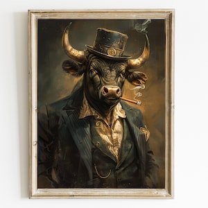 Retrato vintage de toro caballero, toro con ropa, retrato de animal renacentista, cartel de animal de cuerpo humano de cabeza de animal, impresión de arte,