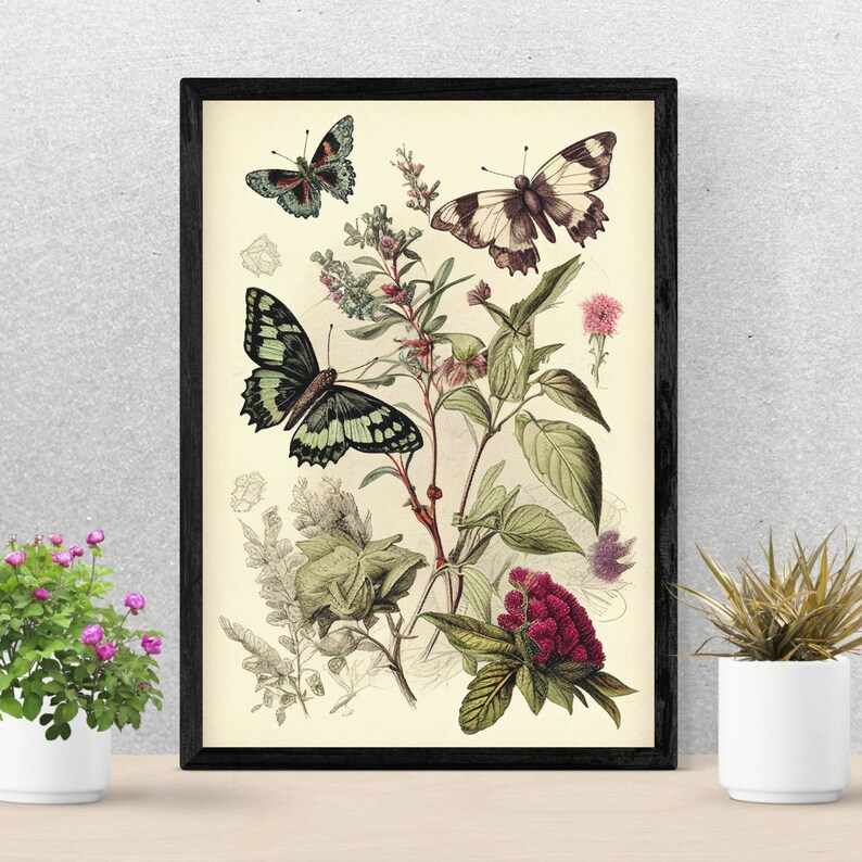 Vintage Butterfly Botanical Print: Antique Farmhouse Wall Decor ...