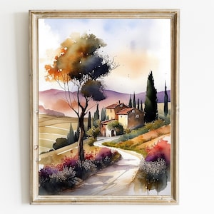 Tuscany Landscape Watercolor Art Print: Vintage Italian Wall Decor (Digital Download)
