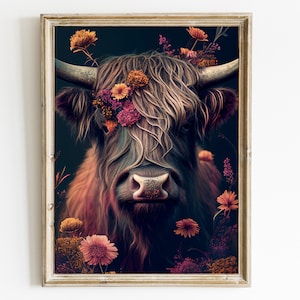 Vintage Highland Cow Portrait Print: Floral Crown, Home Decor (Digital Download)