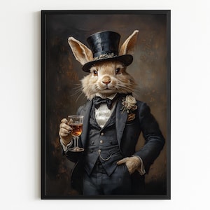 Download immediato – Ritratto di coniglio da gentiluomo elegante da parete – Stampa digitale vintage di testa di animale e corpo umano per bar di casa / Dark Academia