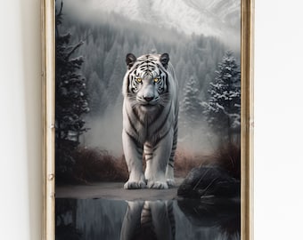 Kunstprint witte tijger: muurdecoratie junglekat (digitale download)