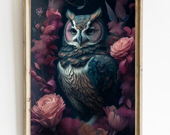 May include: A framed print of a detailed illustration of an owl with large, dark eyes, perched in a bed of pink and purple flowers. The owl's feathers are a mix of brown, gray, and blue.