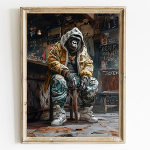 Gorilla Wall Art Print Modern Cool Print Style Portrait of Gorilla Wearing Clothes Ape Dressed Gangsta Rap