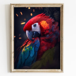 Puede incluir: Un primer plano de un loro guacamayo rojo y azul sobre un fondo oscuro. Las plumas del loro son vibrantes y detalladas, y sus ojos son brillantes y alertas.