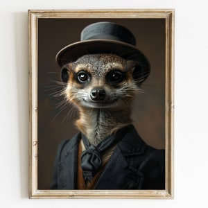 Peut inclure: Un suricate portant un haut-de-forme noir et un costume sombre avec un nœud papillon. Le suricate regarde directement le spectateur avec une expression sérieuse.