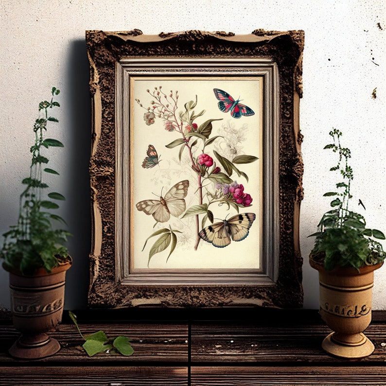 Vintage Butterfly Botanical Print: Antique Farmhouse Wall Decor ...