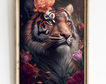 Vintage Tiger Art Print: Boho Floral Big Cat Portrait (Digital Download)