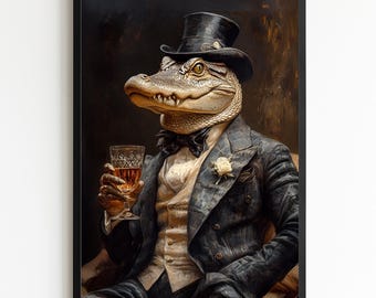 Gentleman Krokodil Vintage Portrait Druck, Krokodil tragen Kleidung, Renaissance Tier Portrait, Tierkopf Mensch Körper Tier Poster