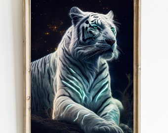 Cosmic White Tiger Art Print: Animal Portrait (Digital Download)