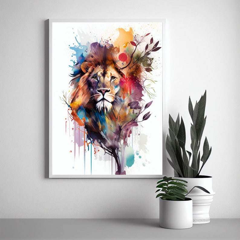 May include: A watercolor painting of a lion's head with colorful splashes of paint and a tree branch behind it.