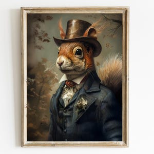 Gentleman Red Squirrel wearing clothes Wall Art Print, Vintage Painting Style Portrait of Squirrel, Victorian Red Squirrel in a suit