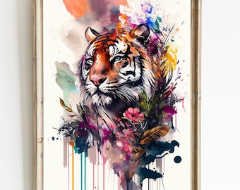Impresión artística abstracta de tigre: Pintura de acuarela de un gran felino (descarga digital)