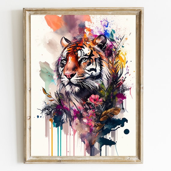 抽象的な虎のアートプリント：水彩画の大きな猫の絵画（デジタル