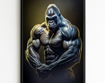 Instant download. High-resolution bodybuilding gorilla artwork for home gyms, offices, bedrooms or gift-spaces for fitness lovers.