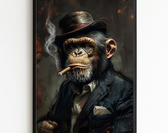 Gentleman Chimpanzee Wall Art – Luxury Animal Portrait Print, Cigar Monkey Artwork, Dark Masculine Decor, Office Bar Art