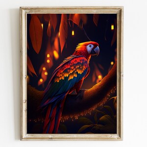 Könnte beinhalten: Ein leuchtend roter, gelber und blauer Ara, der auf einem Ast sitzt, mit leuchtenden Lichtern im Hintergrund. Die Federn des Vogels sind detailliert und das Bild hat eine verträumte, magische Atmosphäre.
