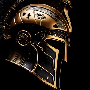May include: A detailed, side-profile view of a golden and black helmet, likely for battle or display. The helmet features intricate designs and a weathered appearance, set against a stark black background. The design suggests a historical or fantasy theme.
