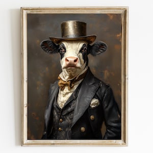 Gentleman Cow Vintage Portrait, Cow wearing clothes print, Renaissance Animal Portrait, Animal Head Human Body Animal Poster, Art Print