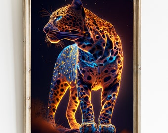 Kosmische jaguar-kunstprint: muurdecoratie grote kat (digitale download)