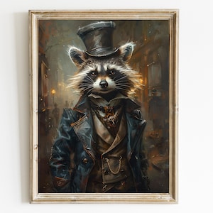 Retrato vintage de mapache caballero, mapache con estampado de ropa, retrato de animal renacentista, cartel de animal de cuerpo humano de cabeza de animal,