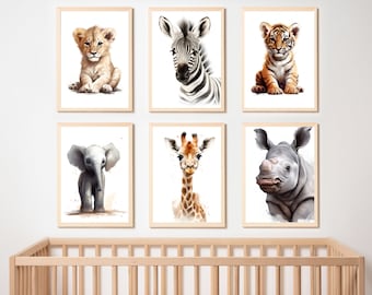 Safari Animal Nursery Art Prints: Set of 6 (Digital Download)