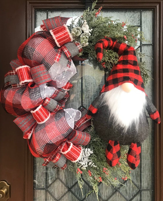 Christmas Gnome Wreath For Front Door Red And Black Buffalo Etsy