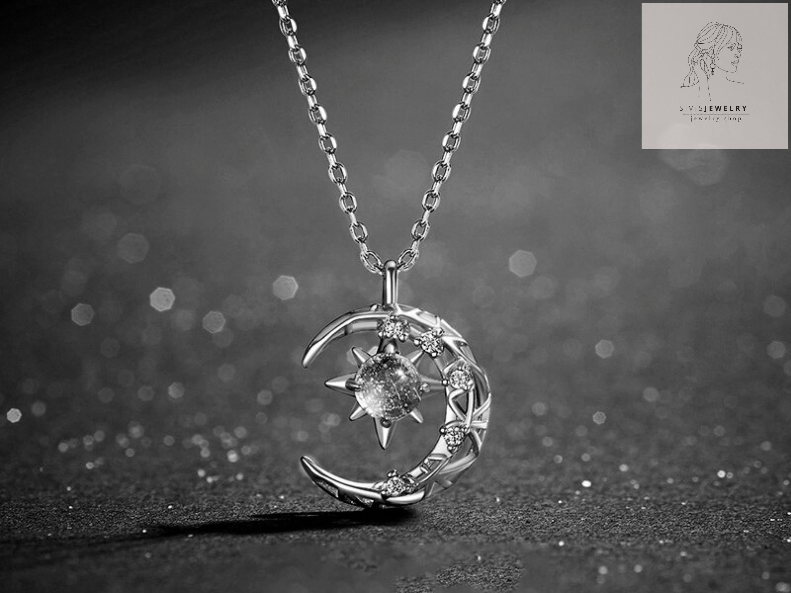 Blue Moonstone Woman Necklace Exquisite Star Moon Chain Necklace Blue Moonstone Woman Necklace Exquisite Star Moon Chain Necklace