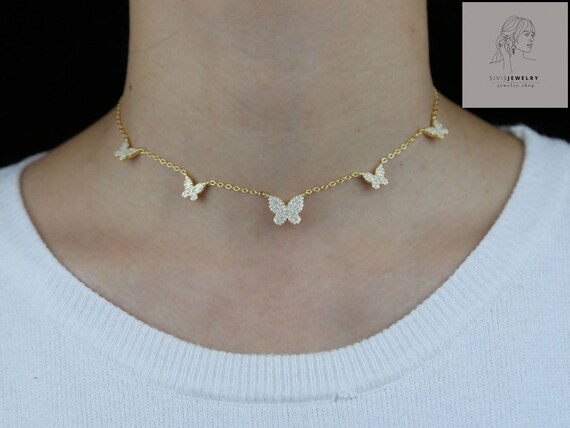 Butterfly Necklace Gold and Rose Gold Pave 5 Butterfly Necklace