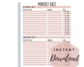 Bi-weekly Bill Tracker | Printable PDF| Letter