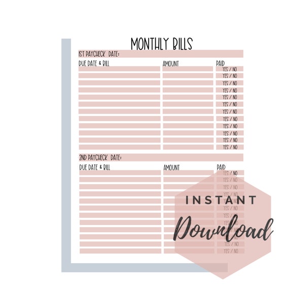Bi-weekly Bill Tracker Printable PDF Letter | Etsy