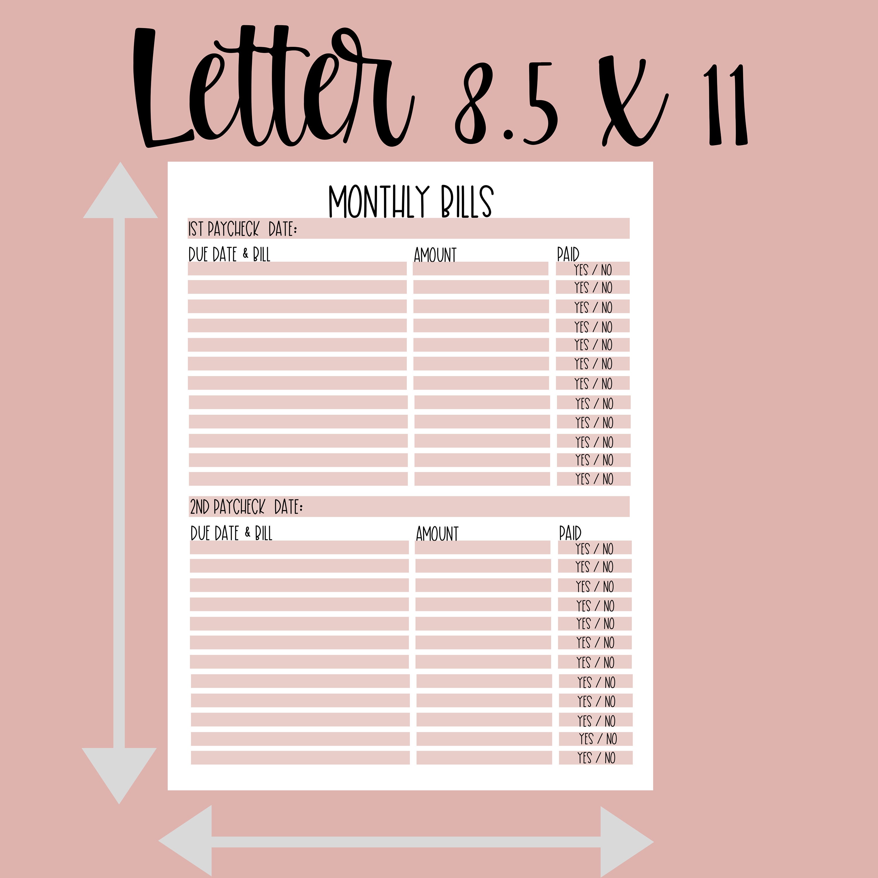 Bi-weekly Bill Tracker | Printable PDF| Letter - Etsy