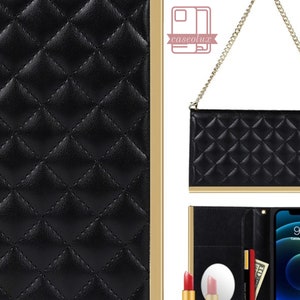Puede incluir: Funda de tel&eacute;fono de cuero negro acolchado con una cadena dorada. La funda presenta un patr&oacute;n de diamantes y ribetes dorados. En el interior se ve un tel&eacute;fono, pintalabios, espejo y dinero en efectivo. La marca "caseolux" es visible.
