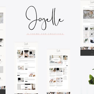 May include: Website design mockups with the name "Joyelle" in a cursive font. The phrase "A Theme for Creatives" is below the name. The mockups show website layouts with images and text, showcasing a clean, minimalist aesthetic.