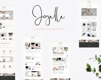Op de afbeelding: Website-ontwerpmodellen met de naam "Joyelle" in een cursief lettertype. De zin "A Theme for Creatives" staat eronder. De modellen tonen website-layouts met afbeeldingen en tekst, met een strakke, minimalistische uitstraling.