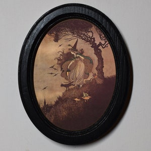 Halloween Black Oval Wooden Framed Picture, Gothic Print, Witchy Wall Hanging, Spooky Hollow