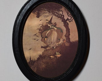 Halloween Black Oval Wooden Framed Picture, Gothic Print, Witchy Wall Hanging, Spooky Hollow