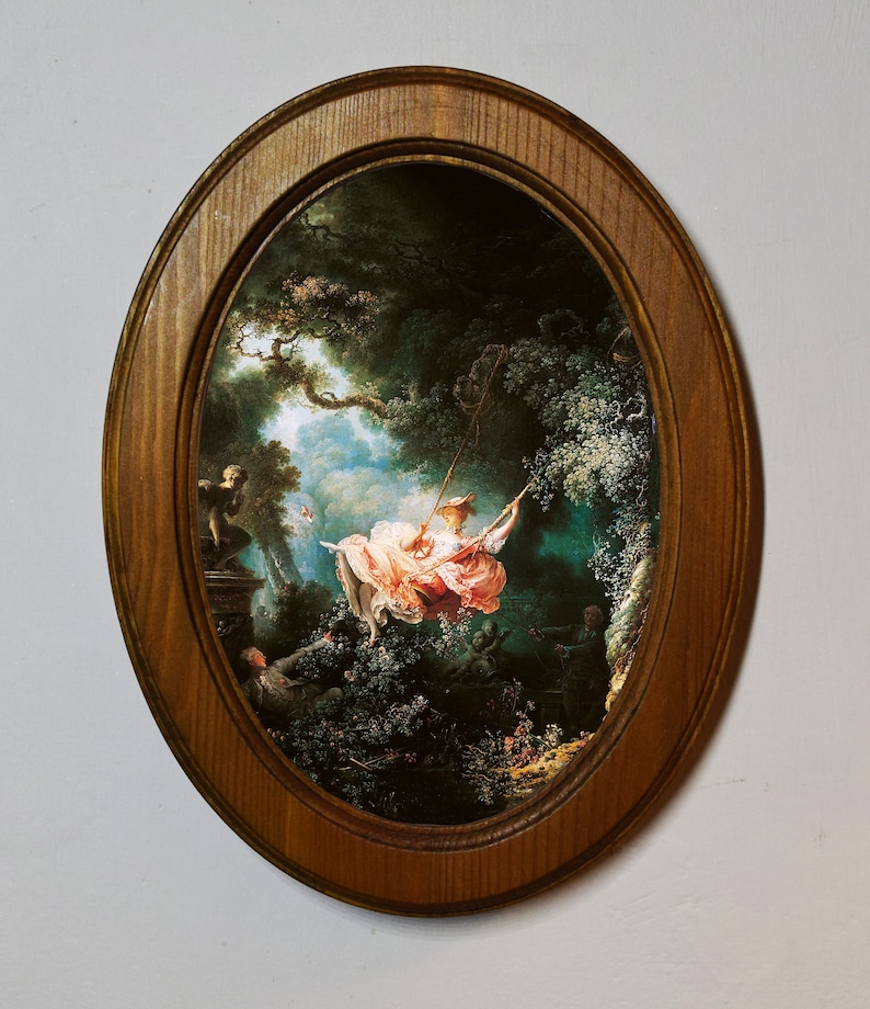 Light Oak Oval Wooden Framed Picture, Jean Honore Fragonard, The Swing, Art Print, Wall Hanging, Antique Vintage Style