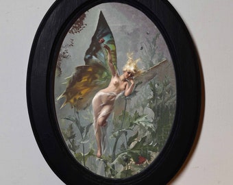 Black Oval Wooden Framed Picture, Luis Ricardo Falero The Poppy Fairy Art Print, Wall Hanging Home Decor Antique Vintage Style