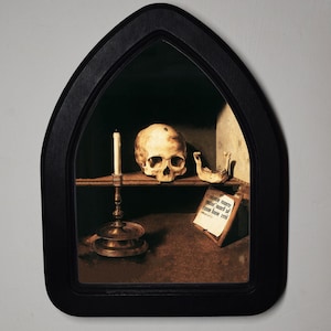 Halloween Black Gothic Arch Wooden Framed Picture, Bartholomäus Bruyn, Skull and Candle, Gothic Print, Witchy Wall Hanging,