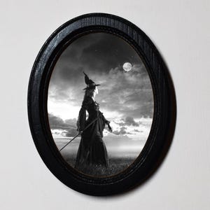 Halloween Black Oval Wooden Framed Picture, 3 x 4 Gothic Print, Witchy Wall Hanging, Moon Witch.
