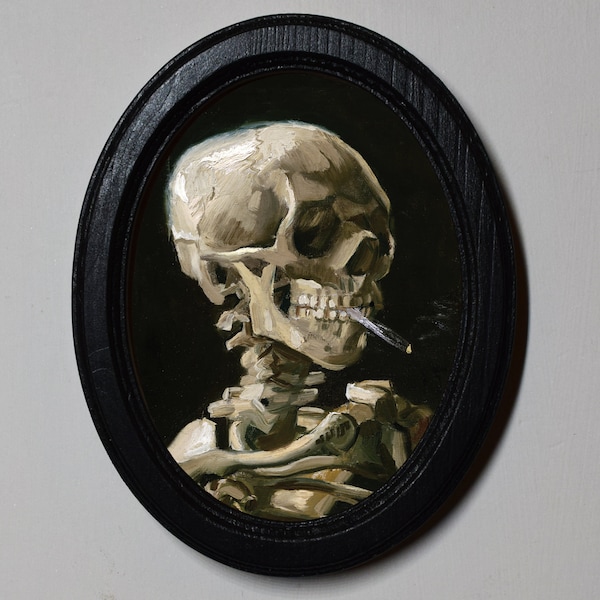 Oval Black Wooden Framed Van Gogh Skeleton Print, Gothic Art Poster