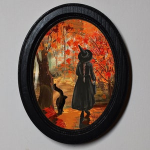 Halloween Black Oval Wooden 3 x 4 Inch Framed Picture, Gothic Print, Witchy Wall Hanging, Free Standing, Autumn Witch