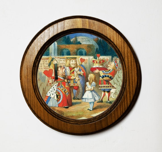 Handmade Alice in Wonderland Round Framed Picture Illustration, Light Oak Wall Hanging, Alice With The King And Queen Of Hearts