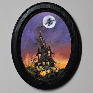 Halloween Black Oval Wooden 3 x 4 Inch Framed Picture, Witchy Wall Hanging spooky Print, Crooked House.