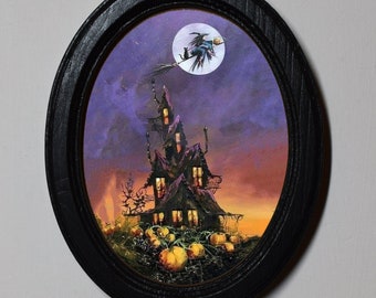 Halloween Black Oval Wooden 3 x 4 Inch Framed Picture, Witchy Wall Hanging spooky Print, Crooked House.